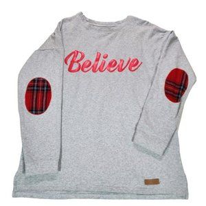 Women's Marleylily Believe Gray Swestshirt Plaid Elbow Patches Holiday Sz S/M